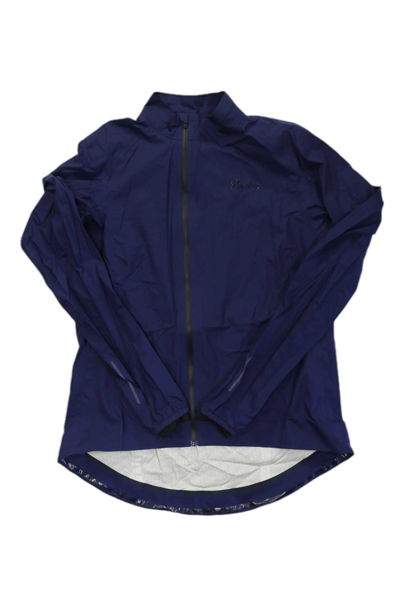 Women's navy rain jacket with full zip and long sleeves