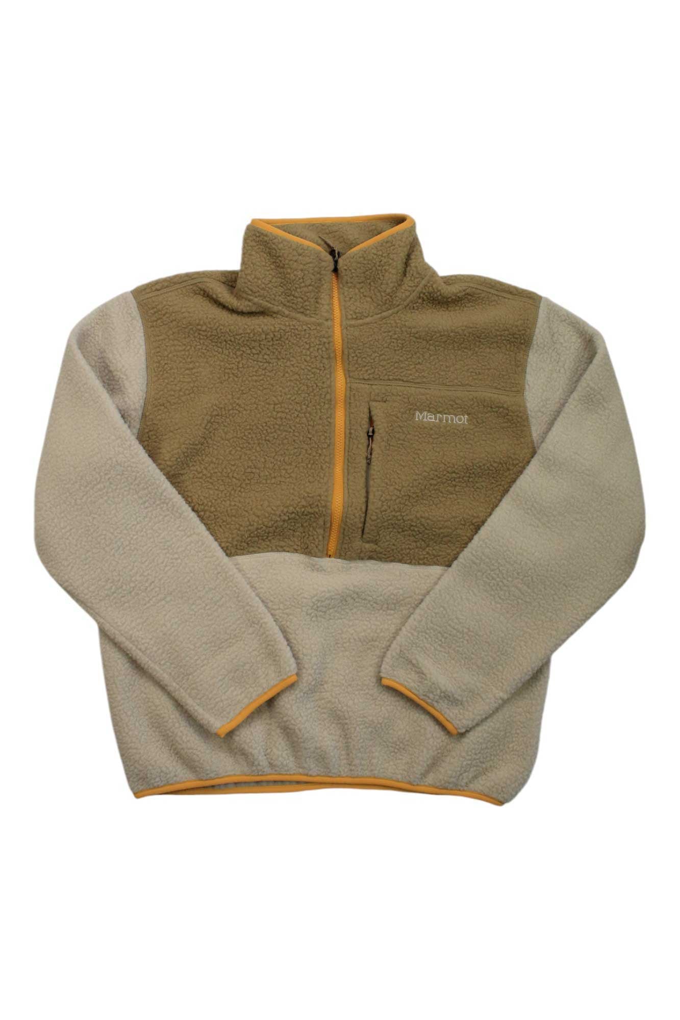 The Marmot Men's Aros Fleece 1/2 Zip Top is a two-tone pullover with light brown sleeves and lower body, olive green chest and shoulders, orange trim, recycled polyester fleece, and a zippered chest pocket with the Marmot logo.