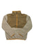 The Marmot Men's Aros Fleece 1/2 Zip Top is a two-tone pullover with light brown sleeves and lower body, olive green chest and shoulders, orange trim, recycled polyester fleece, and a zippered chest pocket with the Marmot logo.