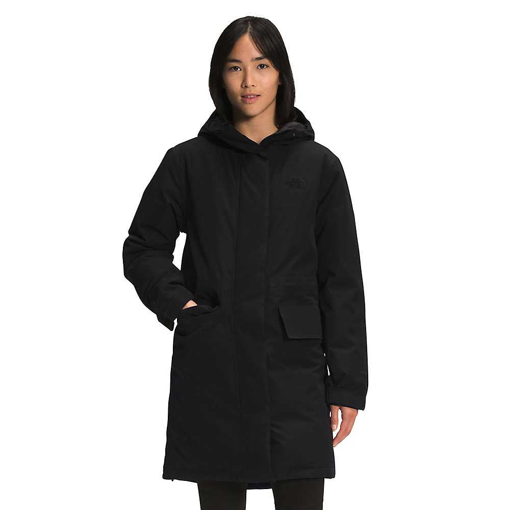 Women's expedition parka in black, hooded with front pockets and The North Face logo