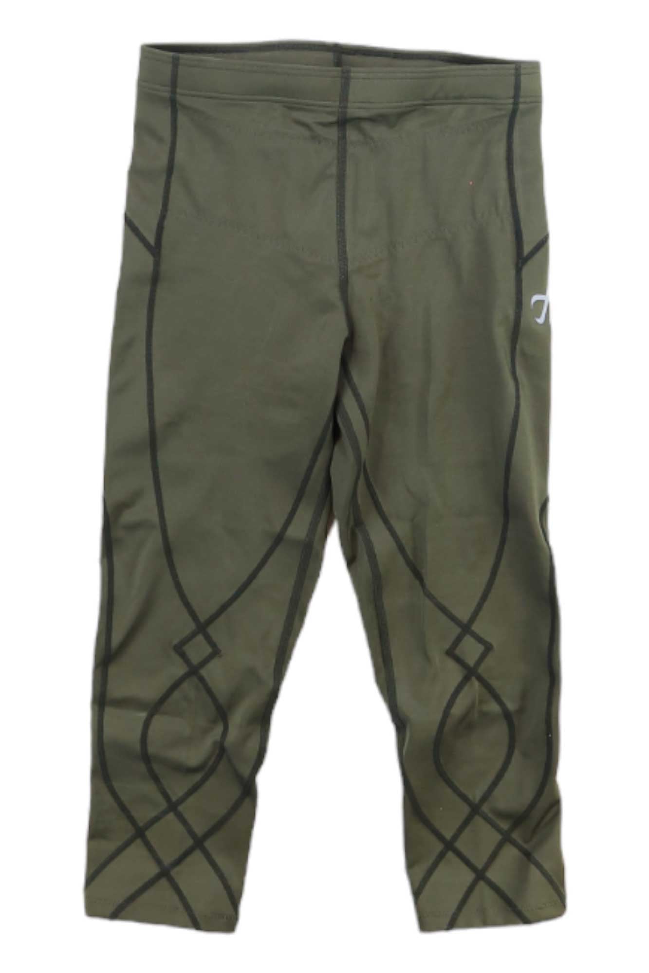 CW-X womens 3/4 compression tights, dark green and black X-shaped reinforcement lines