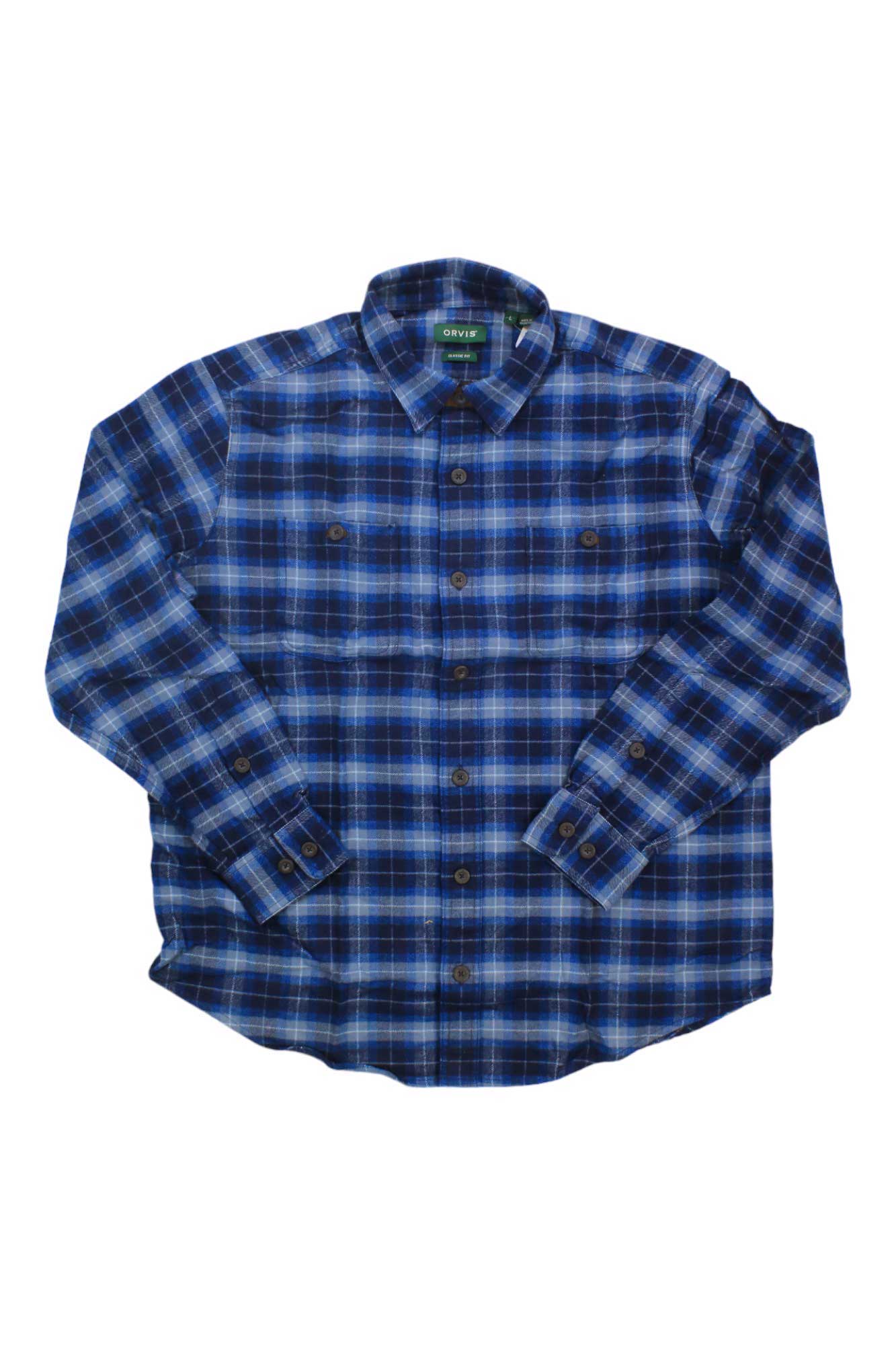 Men's blue plaid flannel button-up shirt, long sleeves and chest pockets