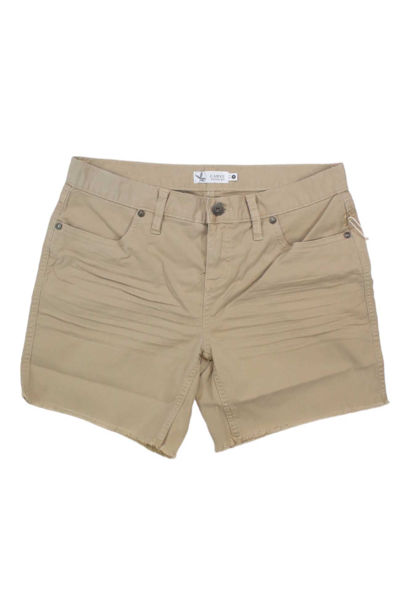 The Carve Designs Womens Oahu 6 Inch Twill Short features front and back pockets, belt loops, a button closure, a frayed hem, and UPF 50+—perfect outdoor shorts for women on any adventure.