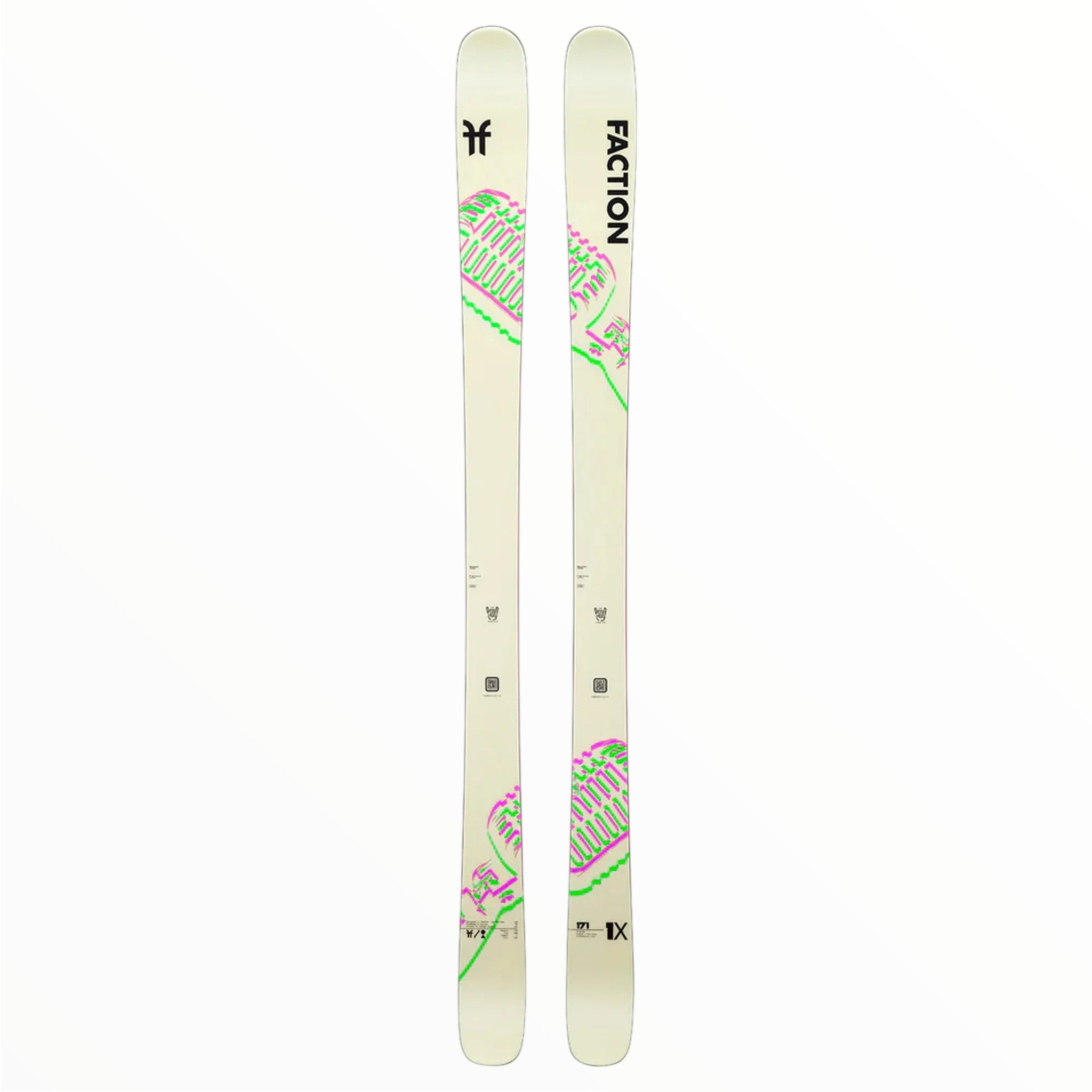 The Faction Prodigy 1X Skis - 2024 are beige with a pink and green ice cream bar graphic, elliptical sidecut, and poplar/ash wood core, shown on a white background.