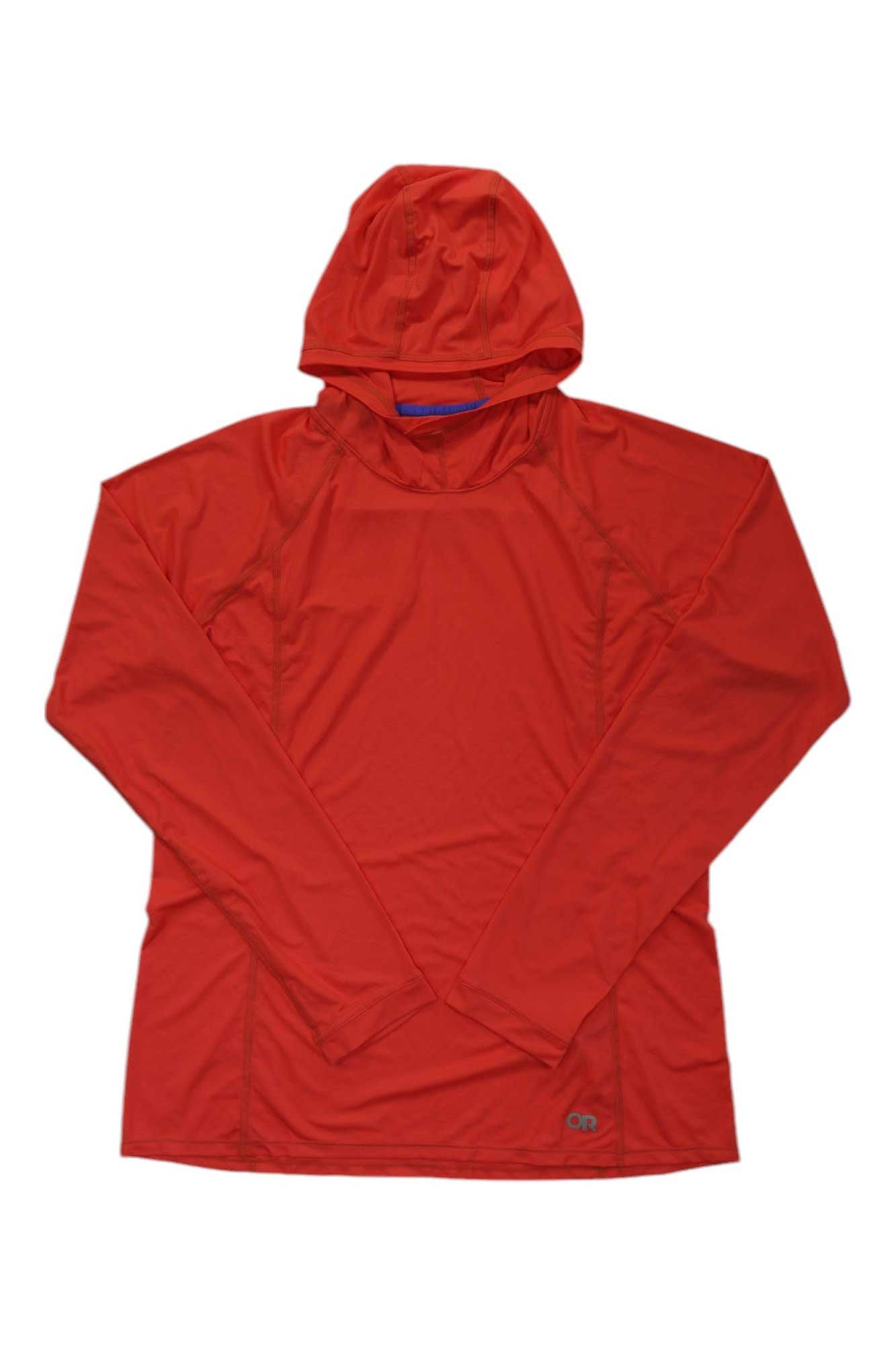 The Outdoor Research Womens Echo Hoodie, a bright red long-sleeve ultralight hoodie made from moisture-wicking fabric, is laid flat on a white background—ideal as a women’s hiking shirt for outdoor adventures.
