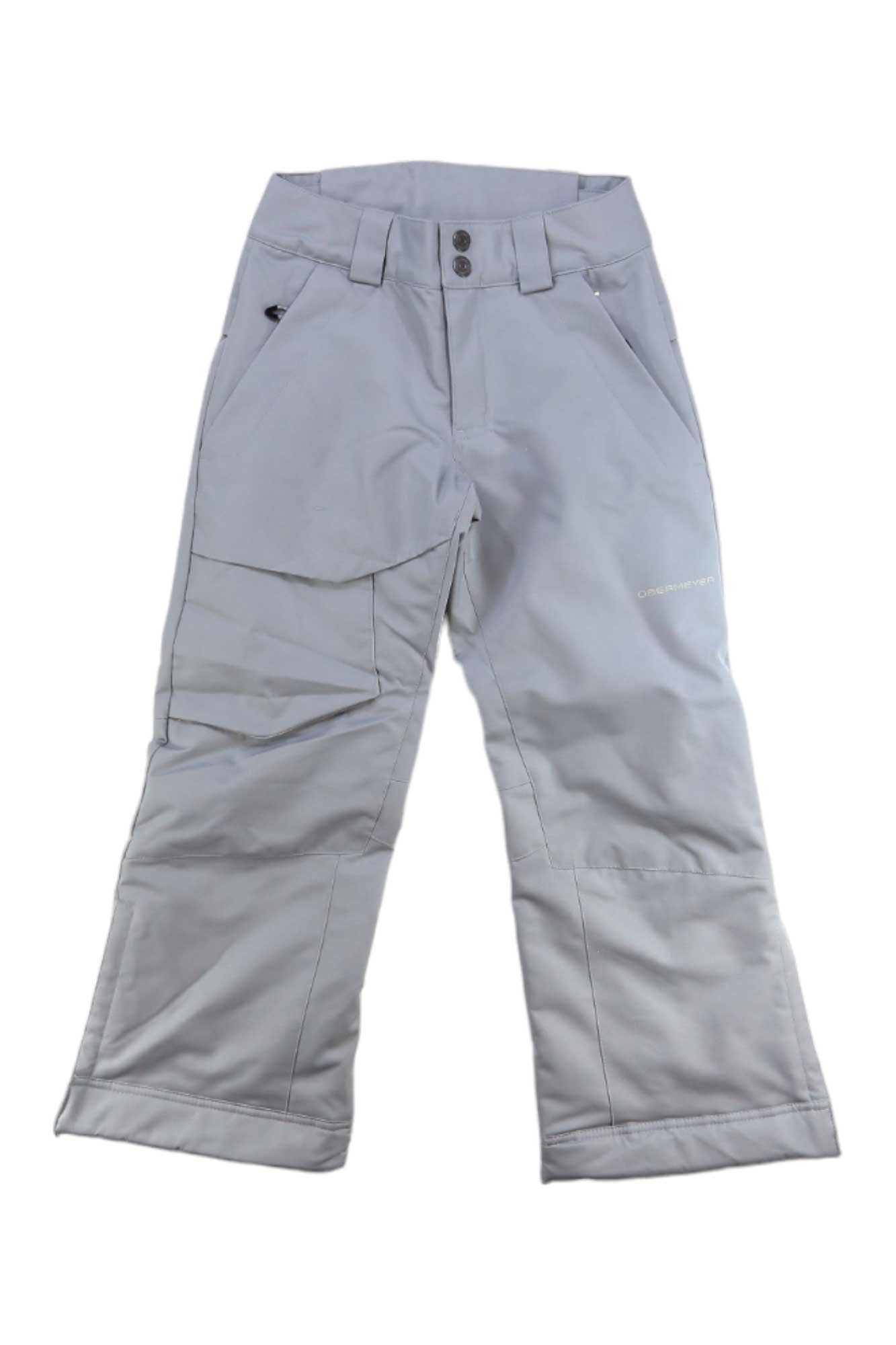 The Obermeyer Teen Boys Brisk Pant in light gray features waterproof fabric, belt loops, button and zipper closure, adjustable waist, side pockets, and a left thigh flap pocket—perfect for outdoor activities or workwear. Shown laid flat on a white background.