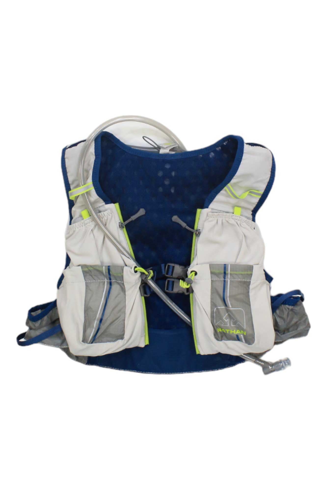 The Nathan Women's Vapor Airless 2 7L Vest is a blue and gray running vest featuring mesh back, adjustable front straps, zippered pockets, and an integrated hydration pack with water reservoir and drinking tube.