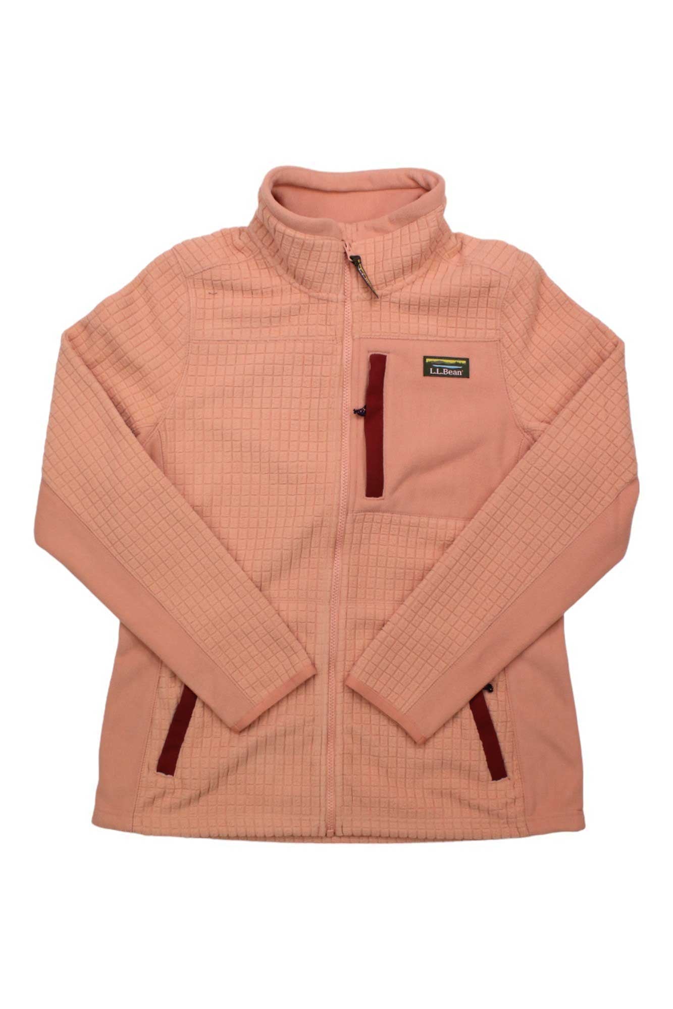 The L.L.Bean Women’s Windproof Grid Fleece Jacket features light pink quilted fleece, a high collar, zip front, two zippered side pockets, a chest pocket with logo patch, and Airshield windproof technology for comfort.