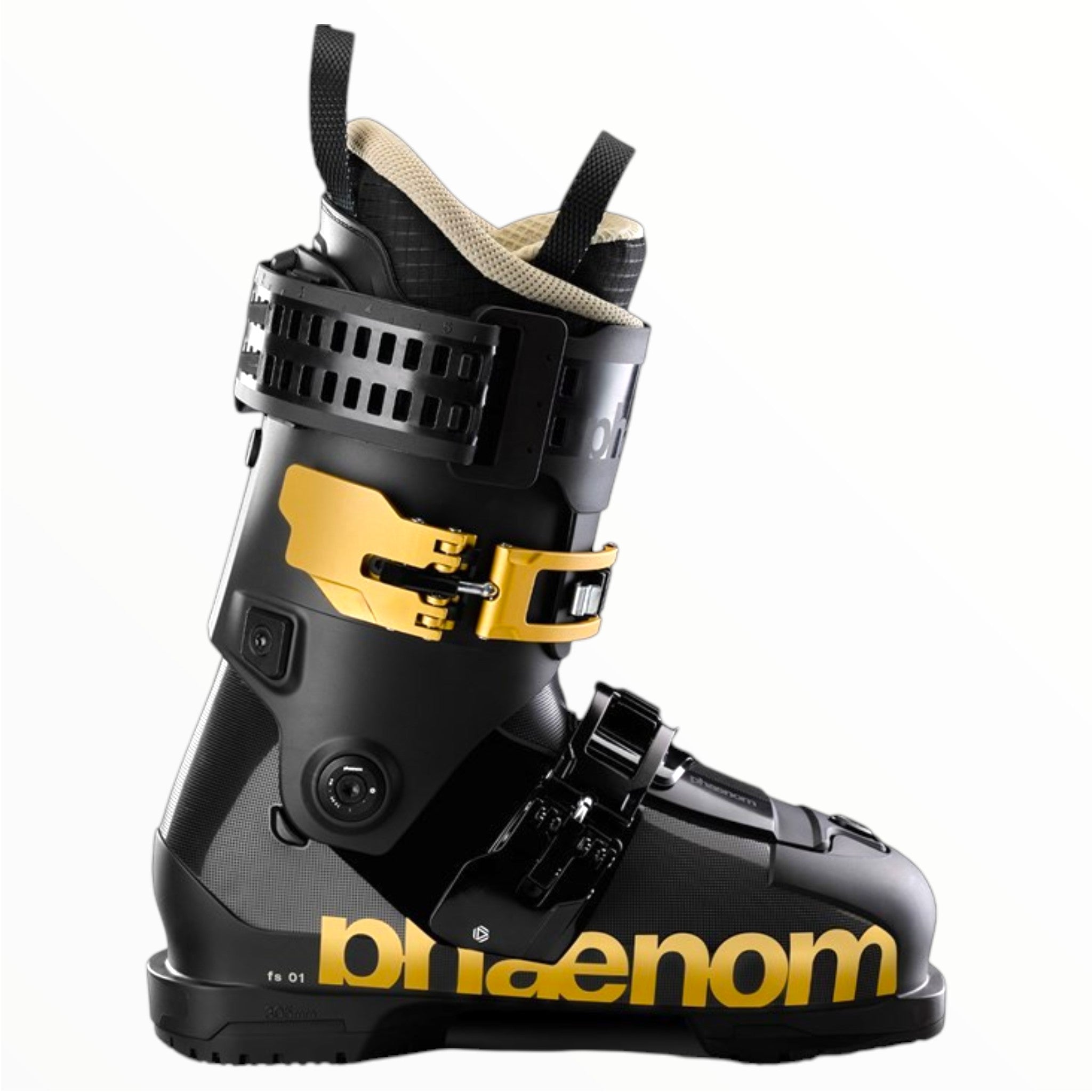 The Phaenom FS 01 120 Gold Ski Boot by Phaenom is a black all-mountain freeski boot with gold buckles, bold “Phaenom” lettering, two adjustable straps, flex control, and a textured beige lining for enhanced comfort and performance.