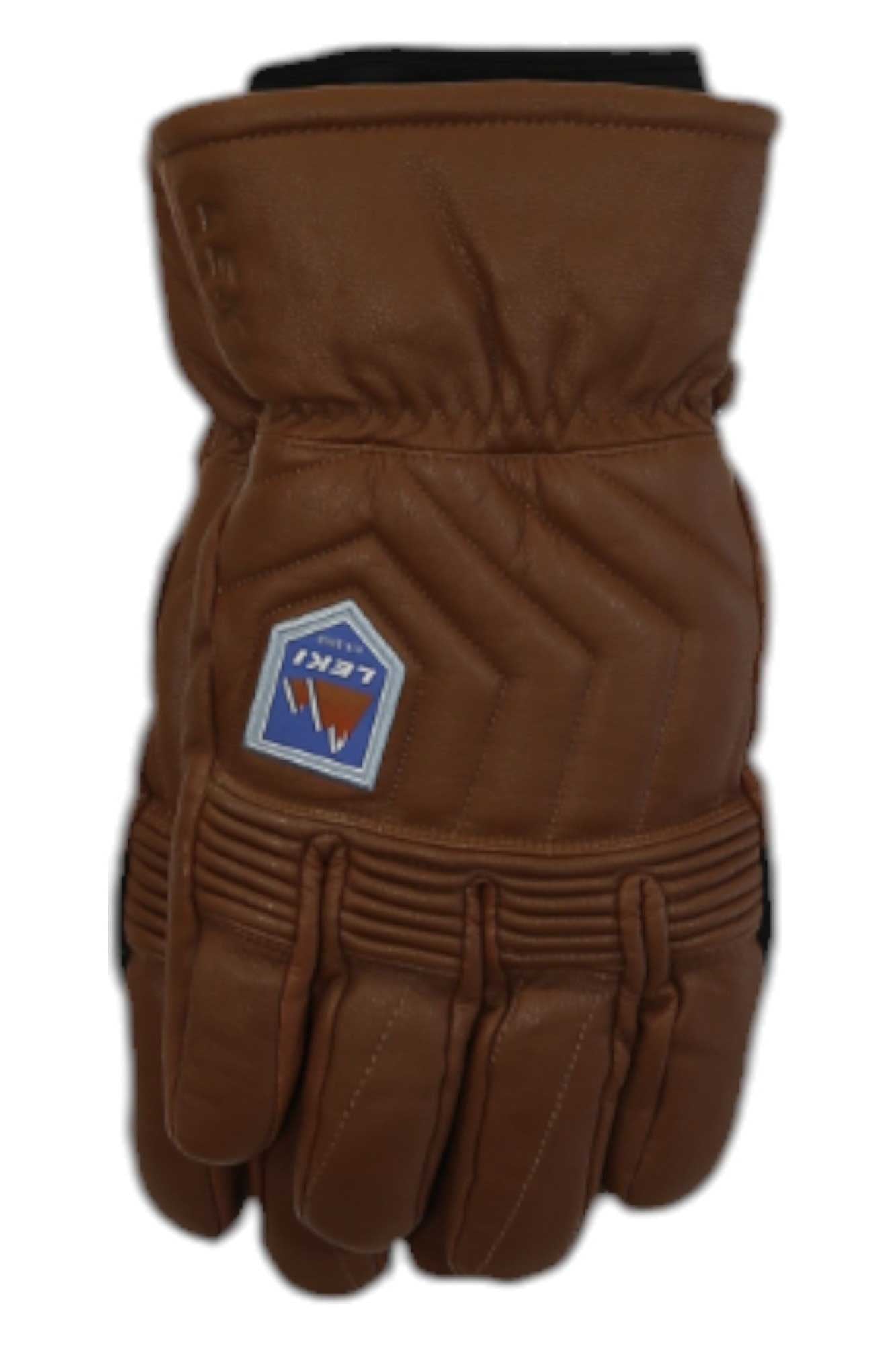 The LEKI Marbec 3D Glove is a brown leather men's outdoor glove with padded sections for thermal protection, plus an angular blue and white patch and red symbol on the back—ideal for insulated hand warmth.