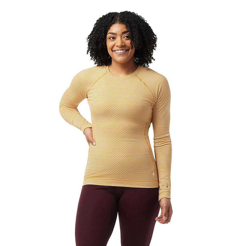 Women's thermal merino crew top, long-sleeve yellow dot mesh pattern