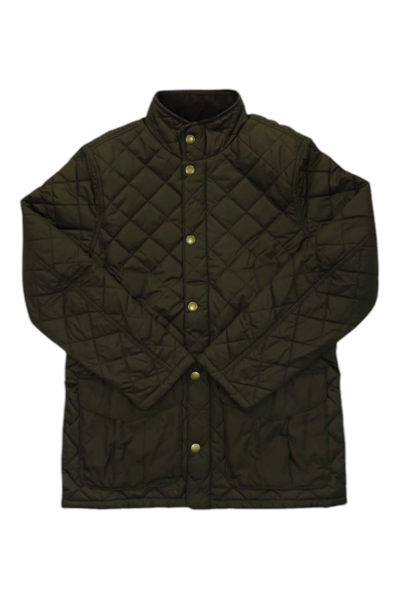 Barbour Men's Devon Quilt Jacket—a dark green quilted jacket by Barbour, featuring a stand collar, snap button closure, and two front pockets, displayed flat on a white background; embodies timeless British style.