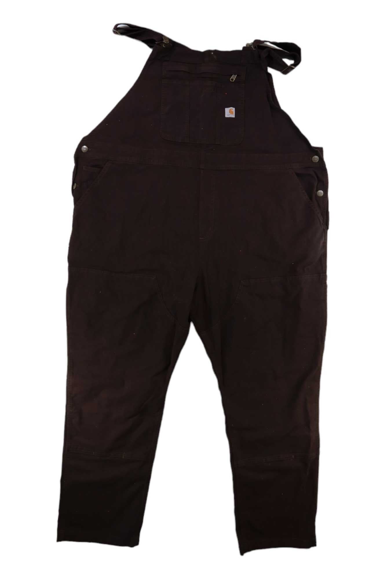 Carhartt canvas bib overalls in dark brown, loose fit with front bib pocket
