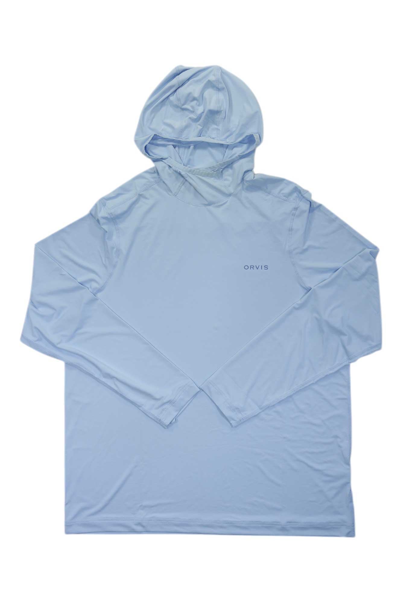 Men's Orvis sun defense long-sleeve hoodie, light blue, pullover with hood and chest logo