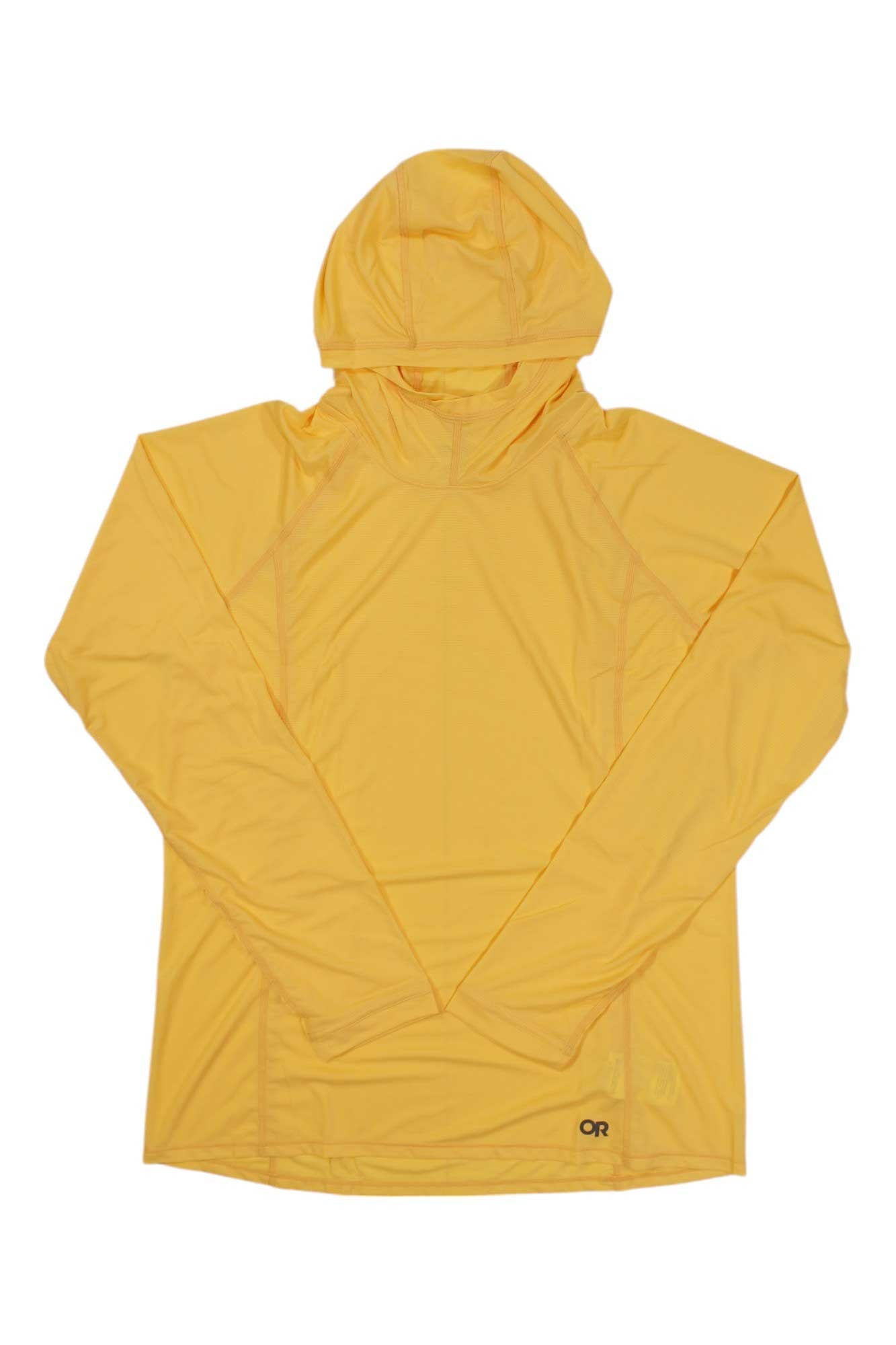 The Outdoor Research Womens Echo Hoodie in yellow is laid flat with crossed arms. This ultralight women's hiking hoodie has breathable, moisture-wicking fabric and an OR logo by the hem—ideal for staying comfortable on any trail.