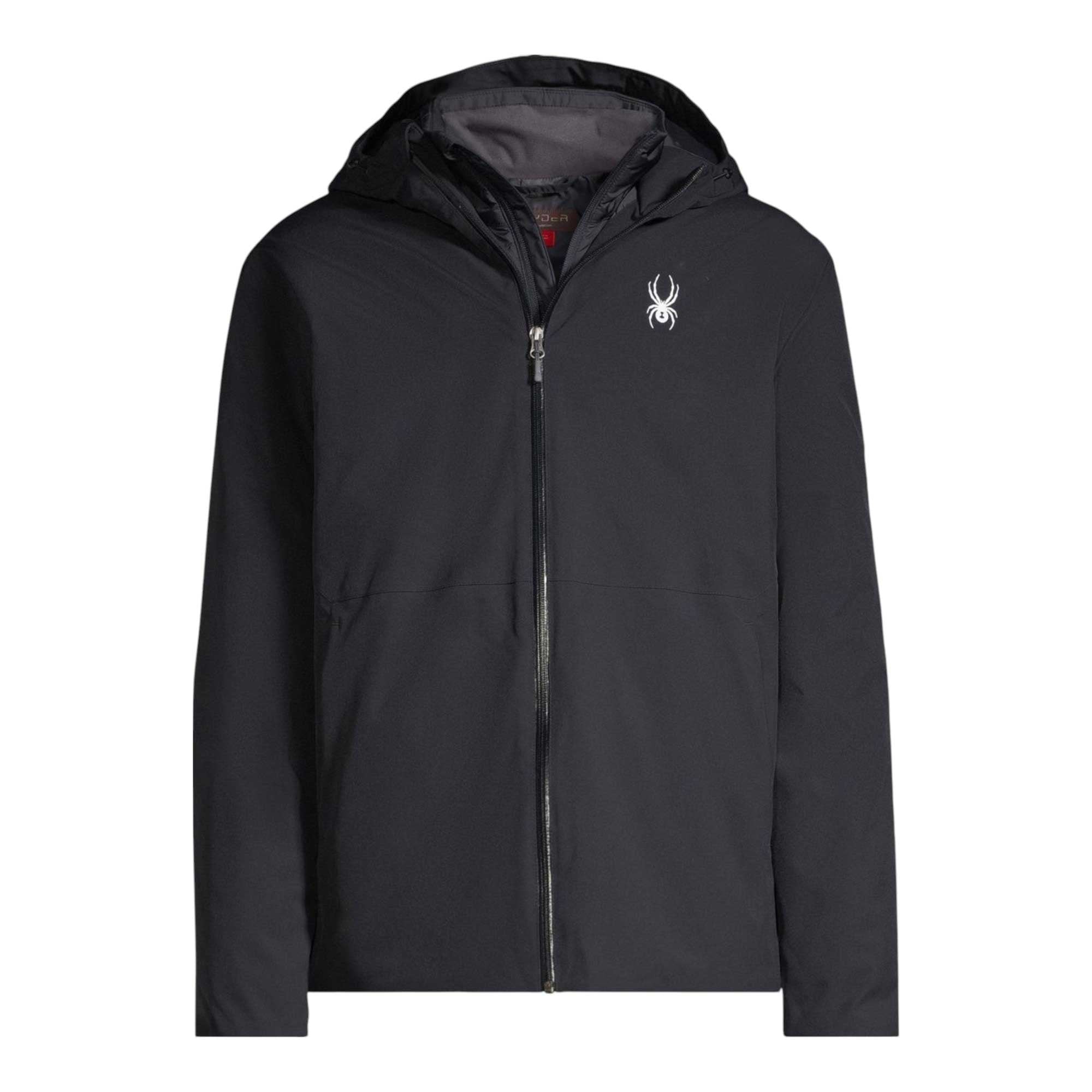 A black Spyder Mens Grand 3 In 1 Jacket with hood, front zipper, and white spider logo on the left chest is shown on a white background. This insulated snowsports jacket is ideal for cold weather adventures.