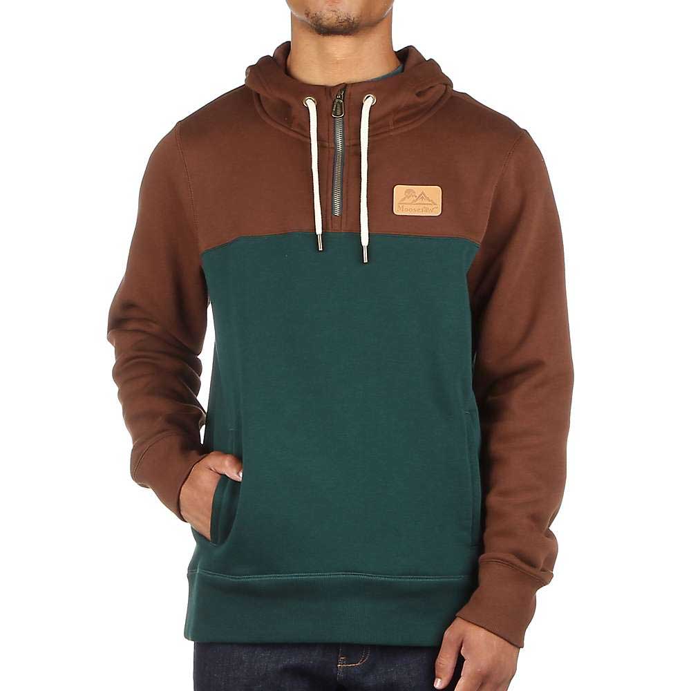 Men's 1/4-zip hoodie pullover, brown and dark green color-block, hood with drawstrings