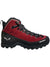 The Salewa Womens Alp Mate Winter Mid Waterproof Boot is a red and black mountaineering boot with black laces, rugged sole, and reinforced toe, designed for outdoor mountain use as waterproof hiking footwear.