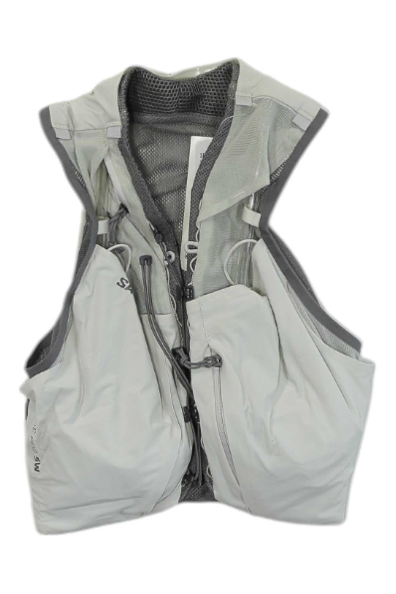 Light gray hydration vest featuring black mesh yoke and zip front with side pockets