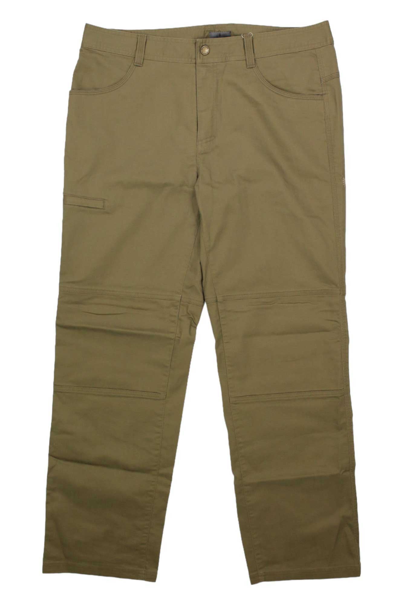 Men's cargo pants in olive-brown with button front, belt loops, and multiple utility pockets.