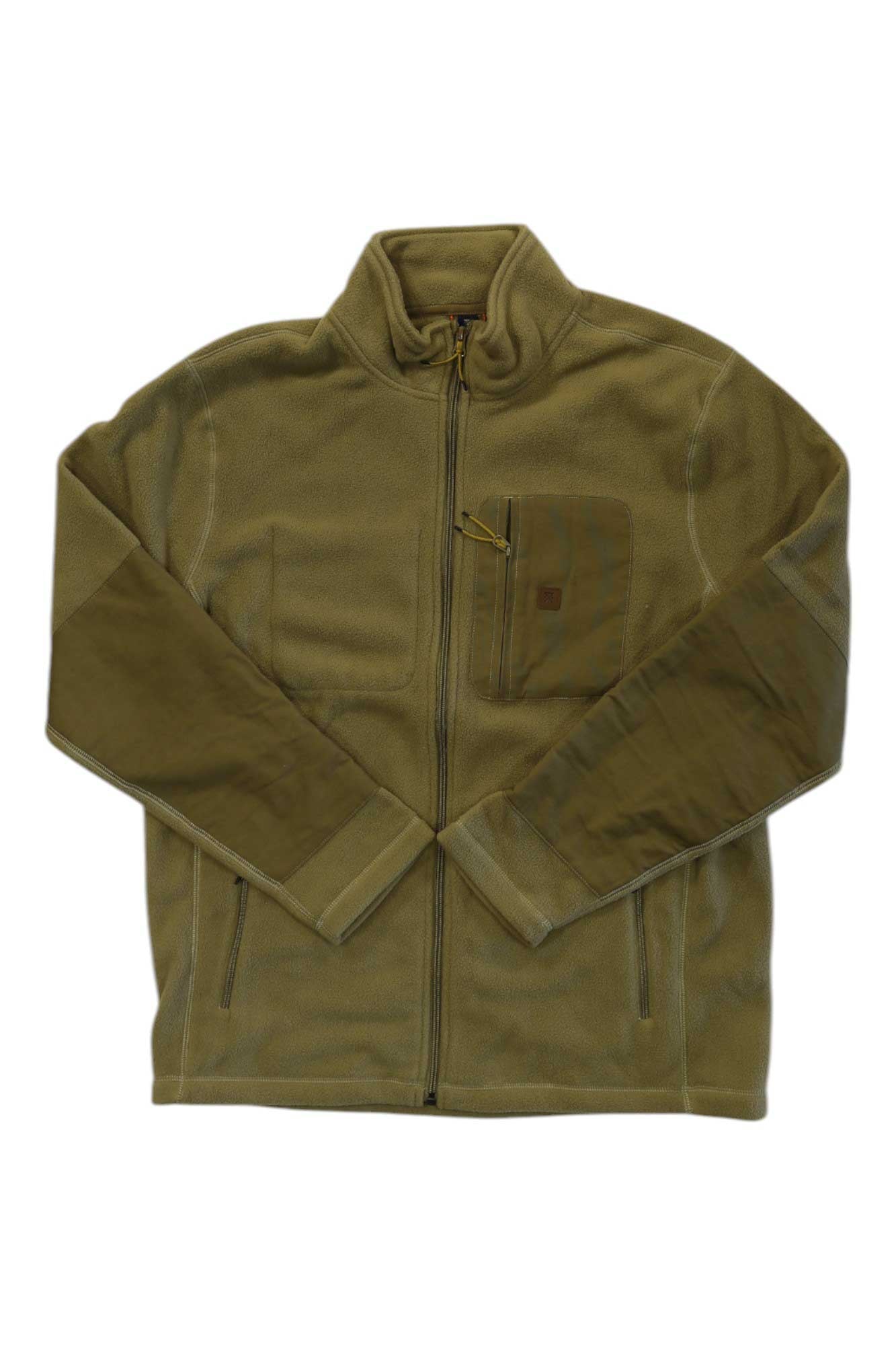 The Roark Mens Landfall Fleece in olive green features a high collar, zippered chest and side pockets, and darker patches on the sleeves and shoulders. Perfect for hiking. Shown laid flat on a white background.