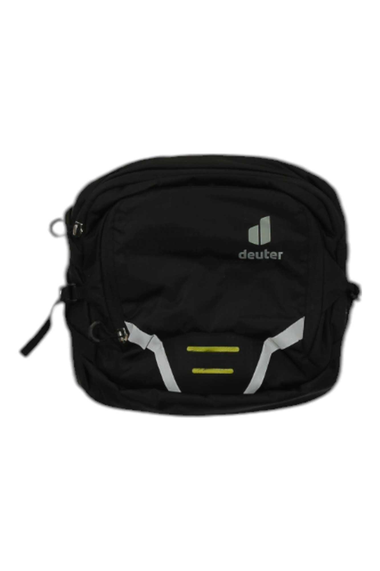 The Deuter Pulse 3 Lumbar Pack is a lightweight black waist pack with white and yellow accents, two zippered compartments, and the Deuter logo on the front—ideal for running or daily use.