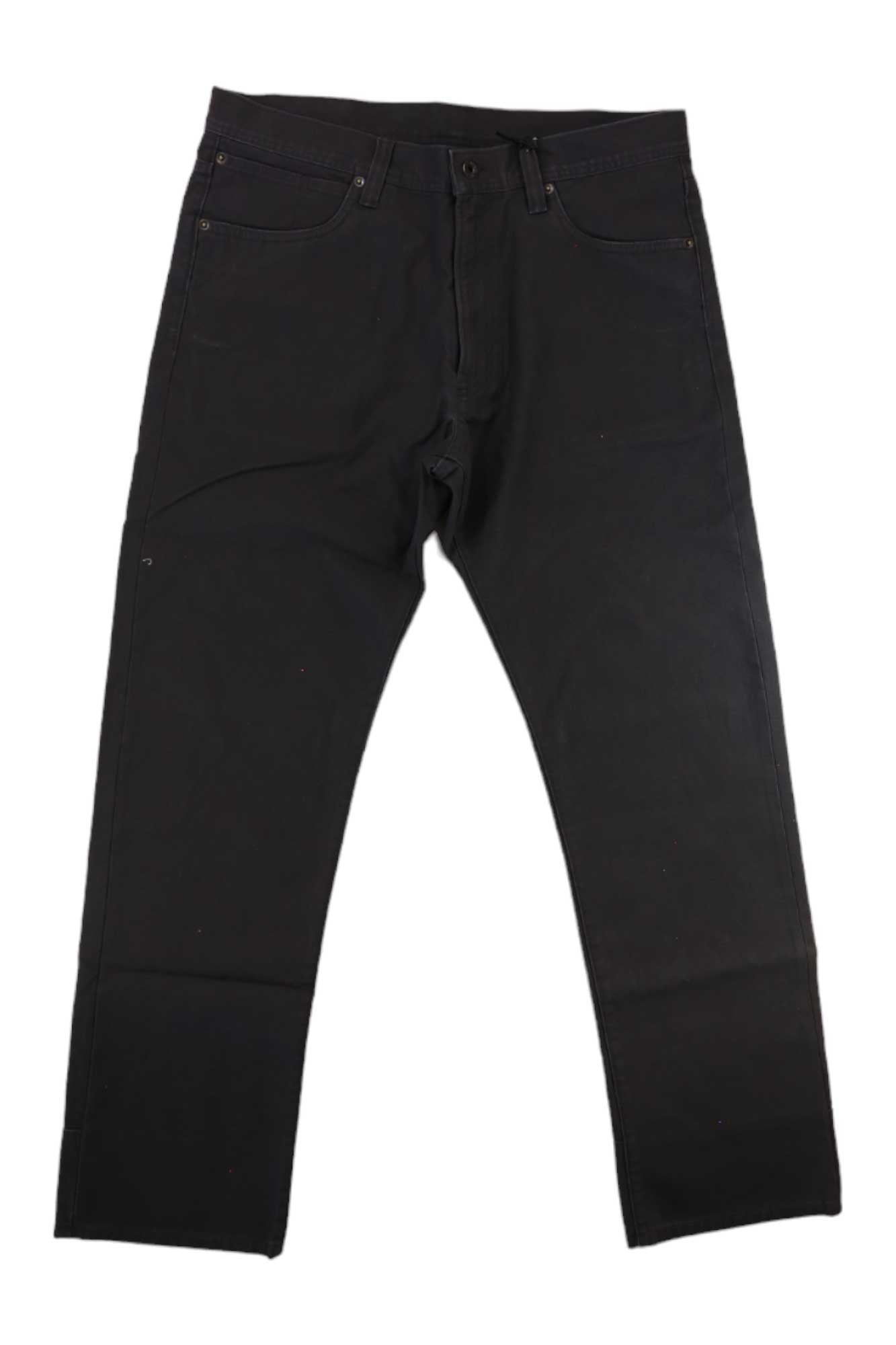 The Filson Men's Dry Tin 5 Pocket Pant in black, made from abrasion-resistant cotton, is shown flat on a white background with visible pockets, waistband, and belt loops—durable and stylish outdoor workwear.