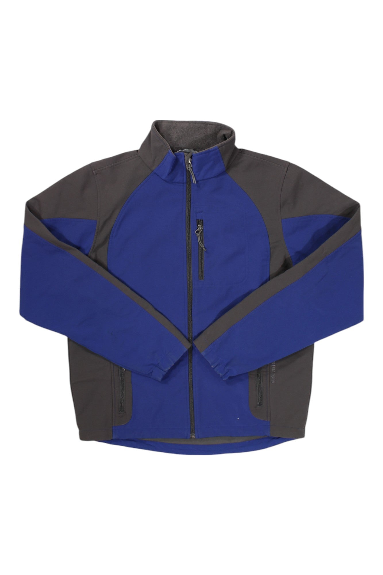 The Black Diamond Softshell Jacket, featuring blue and gray colors, a high collar, long sleeves, and three zippered pockets, is displayed flat on a white background—ideal for outdoor enthusiasts.