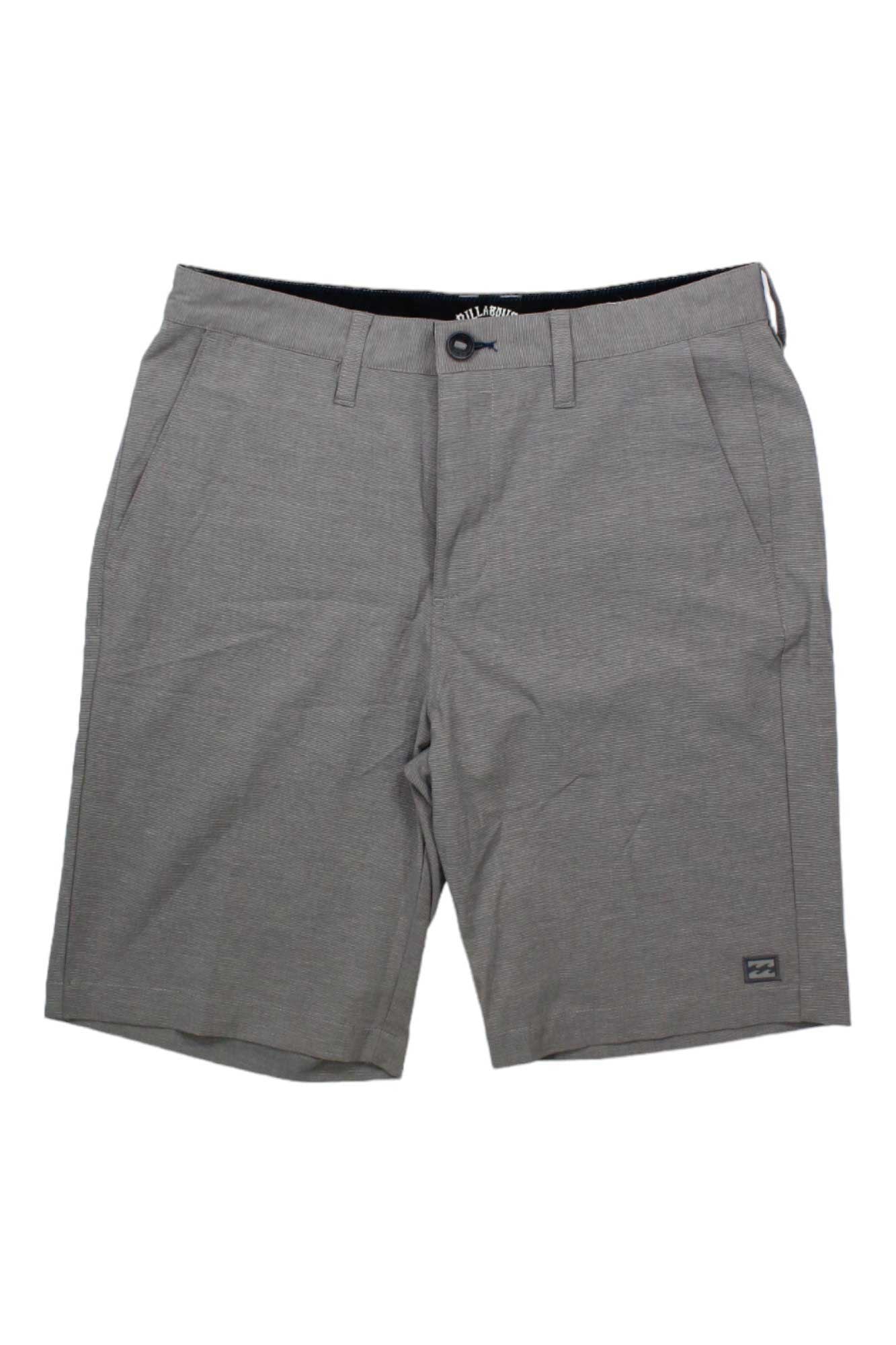 The Billabong Mens Crossfire Short features gray quick-dry fabric, a black waistband, and a black Billabong logo on the right leg.