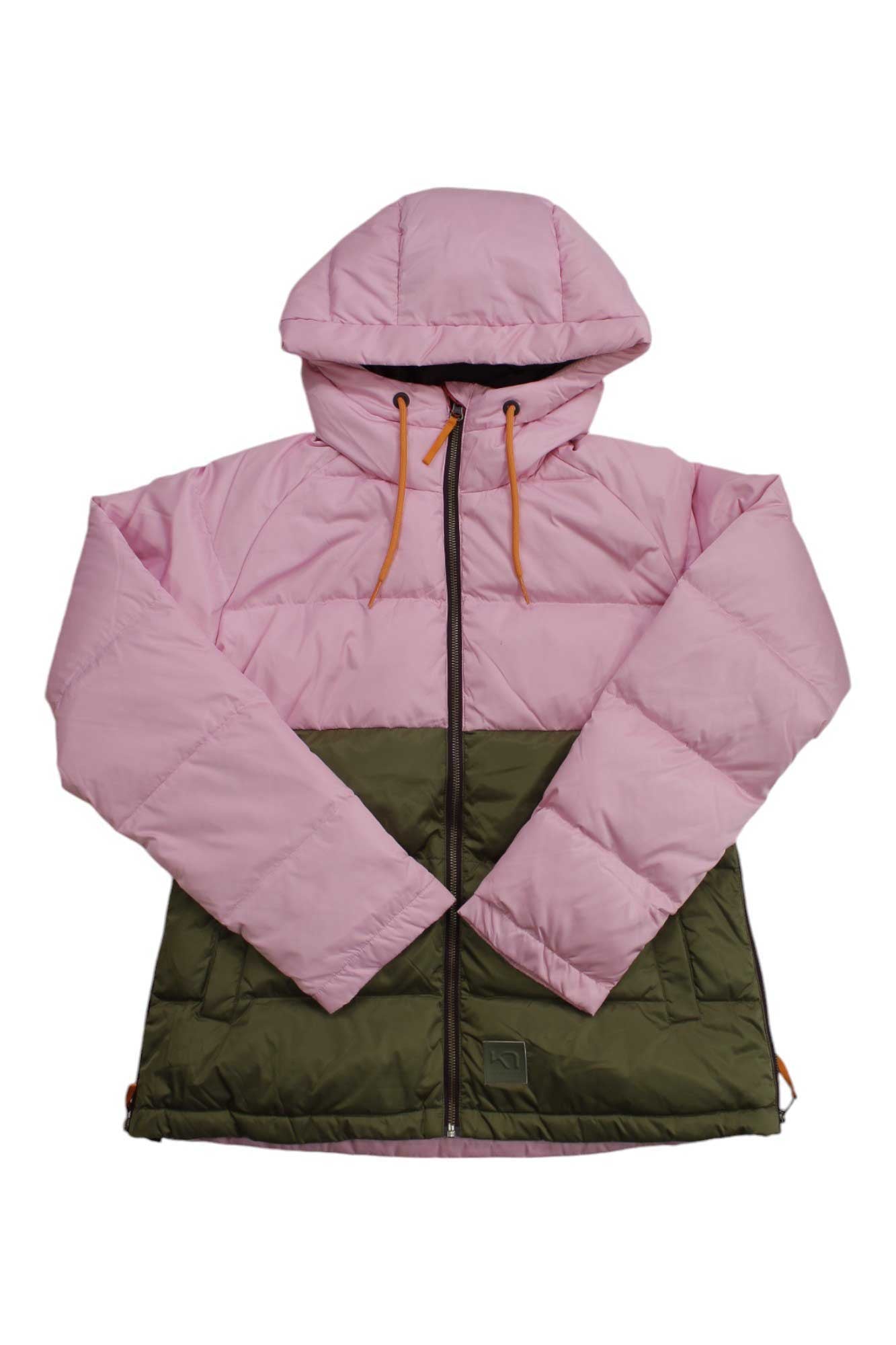 The Kari Traa Women's Astrid Jacket is a water-resistant down jacket with a pink top half and hood, olive green bottom, orange drawstrings, front zipper, and long sleeves—ideal for skiing or outdoor adventures. Shown on a white background.
