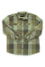 The Howler Brothers Mens Rodanthe Flannel Shirt, a heavyweight cotton flannel in green and brown with long sleeves, button-up front, two chest pockets, and buttoned cuffs, is laid flat on a white background.
