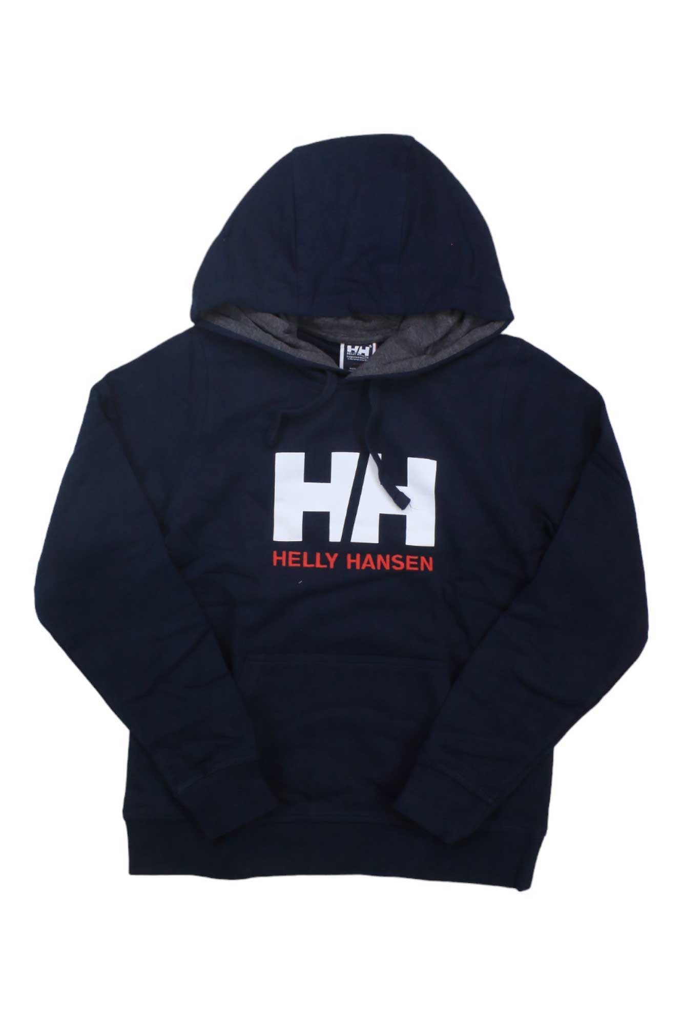 The Helly Hansen Women's HH Logo Hoodie is black, features a hood, a large white HH logo, and red Helly Hansen text on the chest.