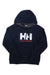 The Helly Hansen Women's HH Logo Hoodie is black, features a hood, a large white HH logo, and red Helly Hansen text on the chest.