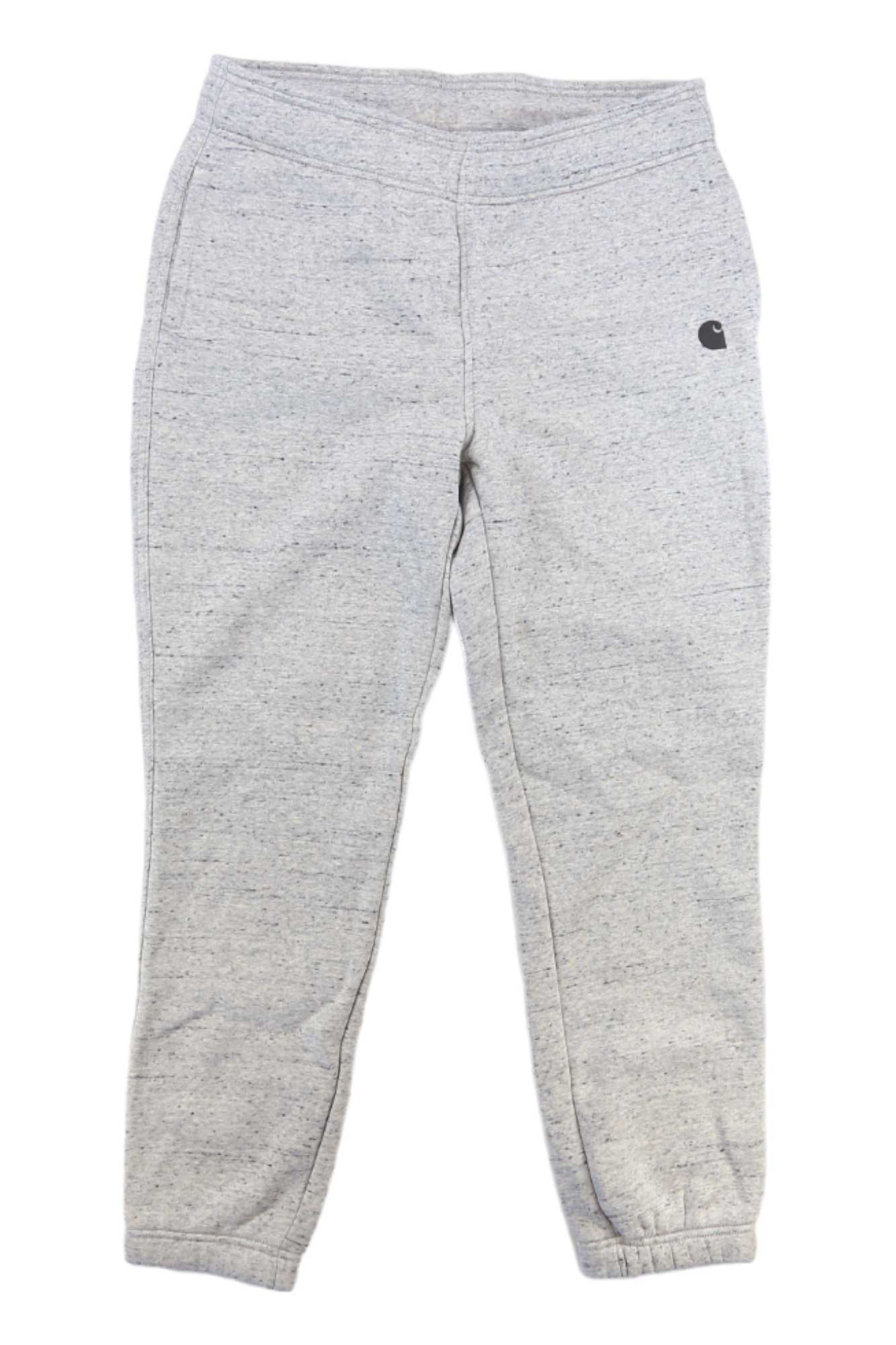 The Carhartt Womens Relaxed Fit Jogger in light gray features an elastic waistband and cuffs, side pockets, and a small black logo on the left hip, shown laid flat on a white background.