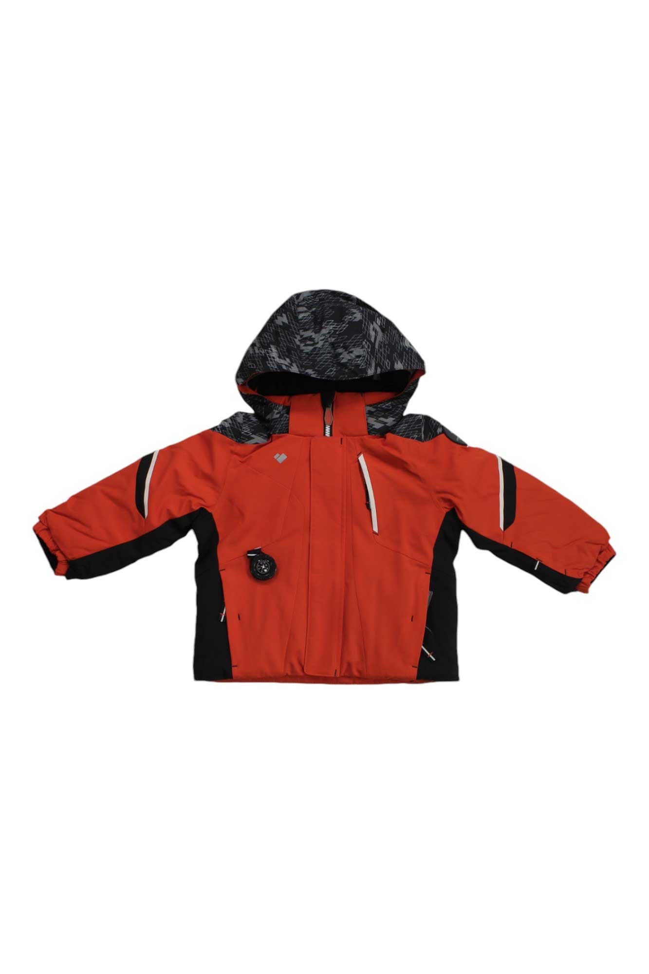 The Obermeyer Boys Formation Jacket in red and black features water resistance, a patterned gray lining, front zipper, multiple zippered pockets, and elastic cuffs—ideal for winter adventures.