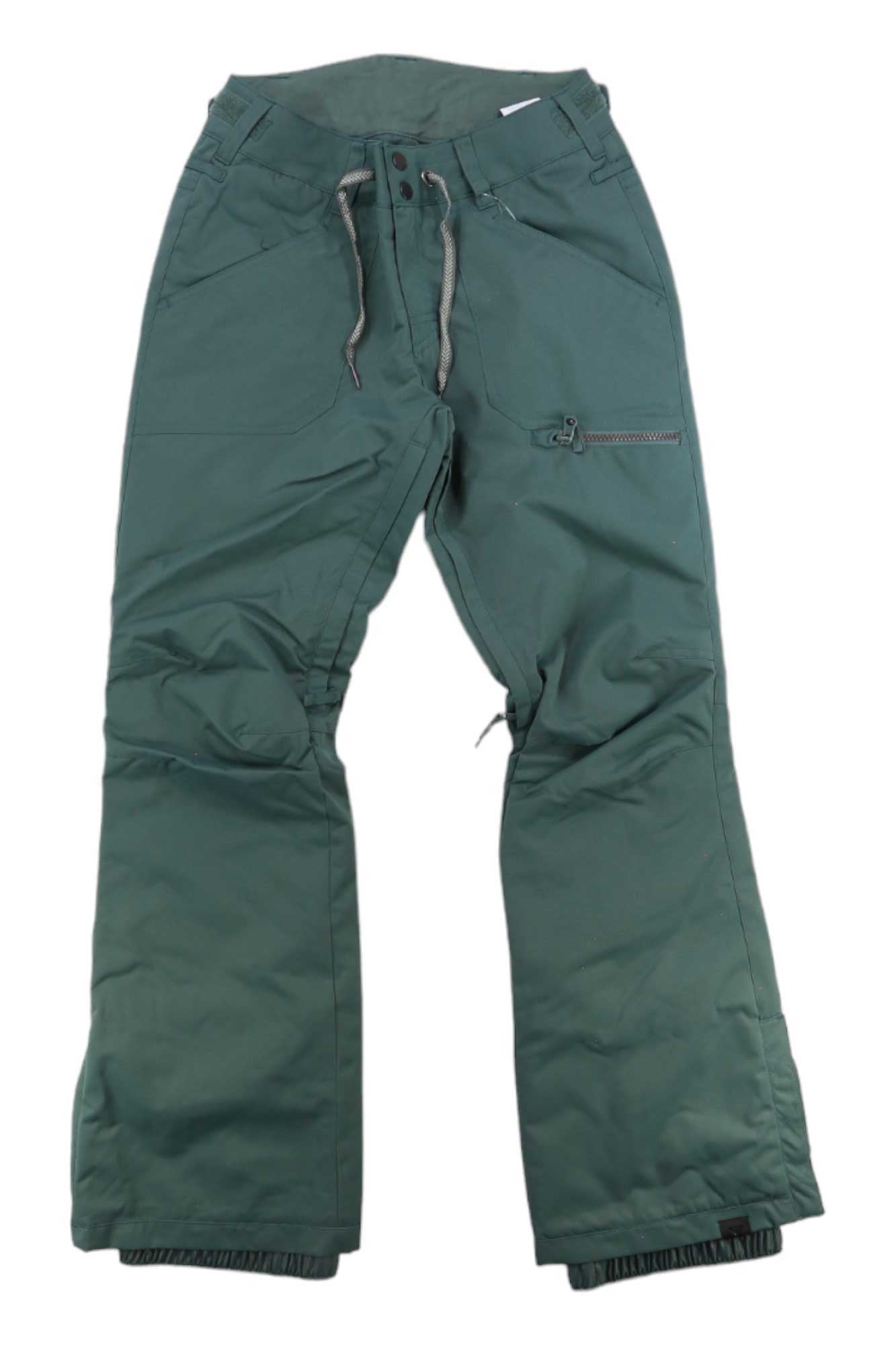 The Womens Roxy Nadia Pant is a green waterproof insulated snow pant with a drawstring waist, zipper and button closure, front pockets, and reinforced knees—ideal for winter adventures.
