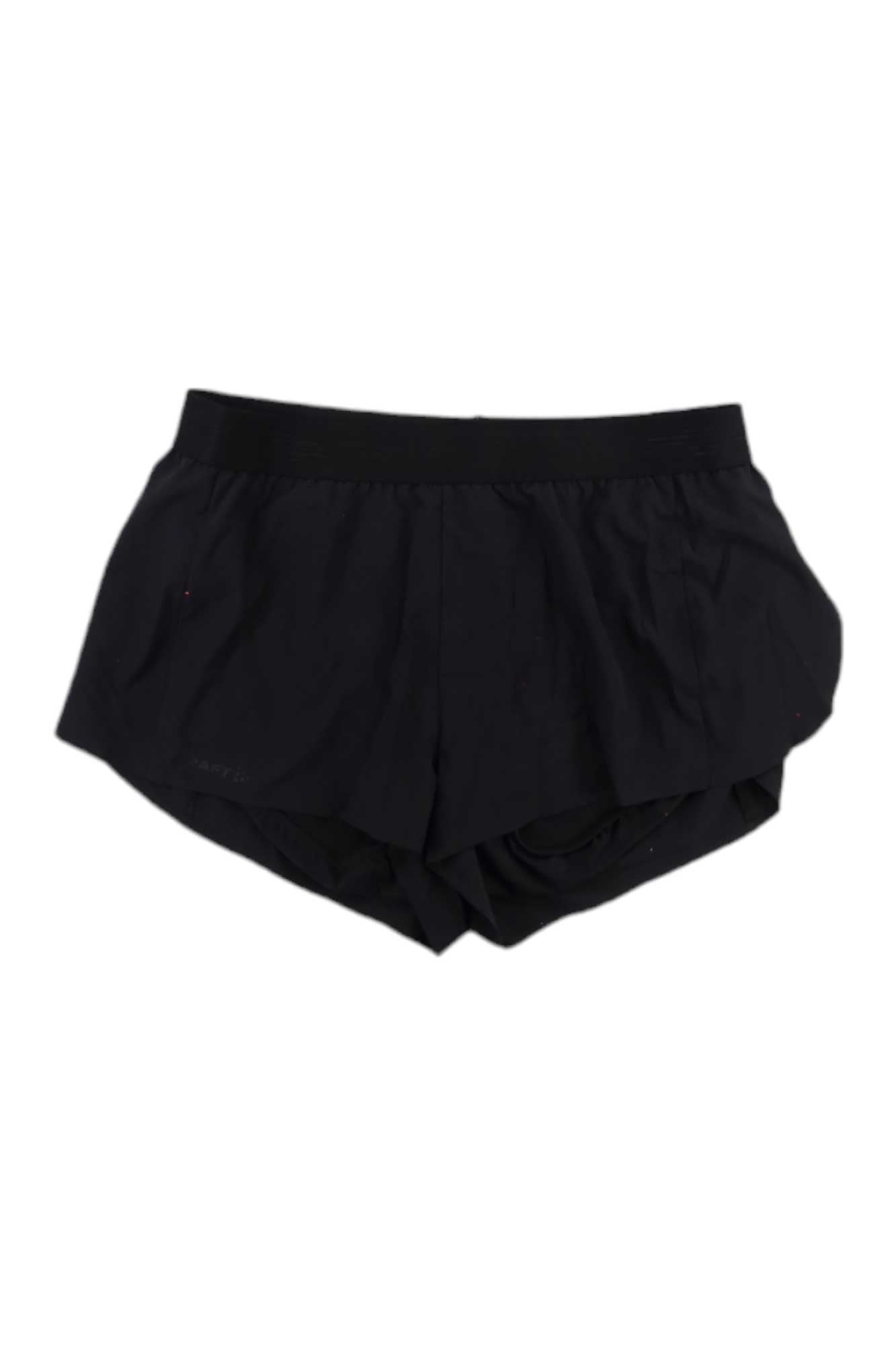 Craft Sportswear Men's Pro Hypervent Split Short in black, featuring a wide elastic waistband and moisture-wicking fabric, is displayed laid flat on a white background.