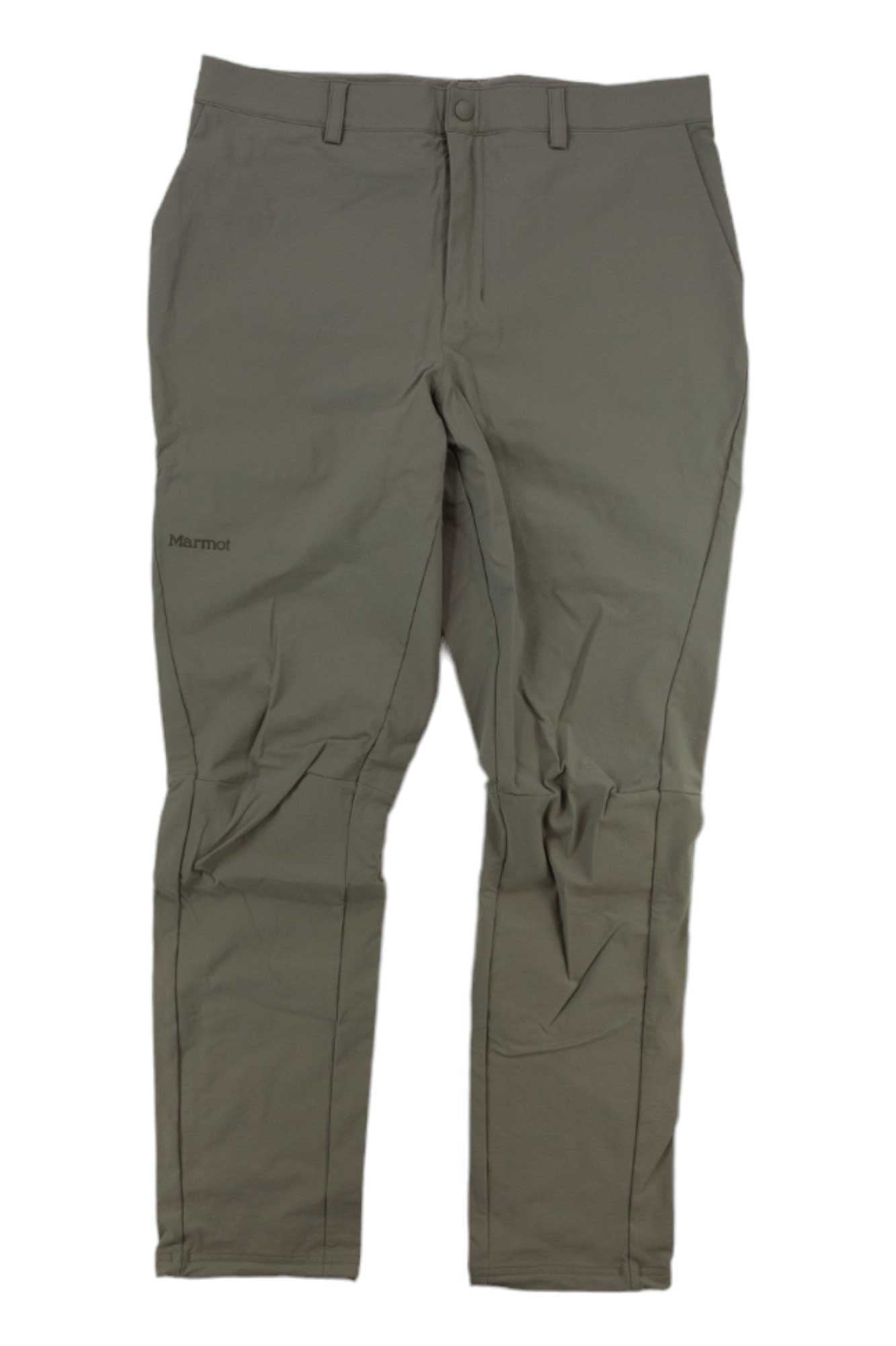 The Marmot Womens Scree Pants in olive green feature a straight-leg fit, front pockets, belt loops, button closure, and abrasion-resistant fabric. Shown laid flat on a white background.