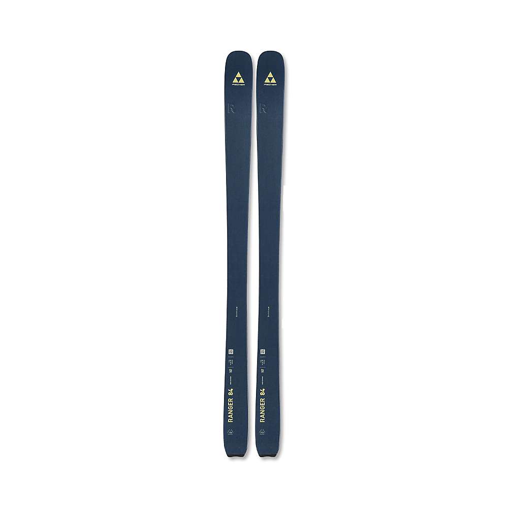 Navy ski pair with Fischer Ranger 84 branding, slim alpine skis