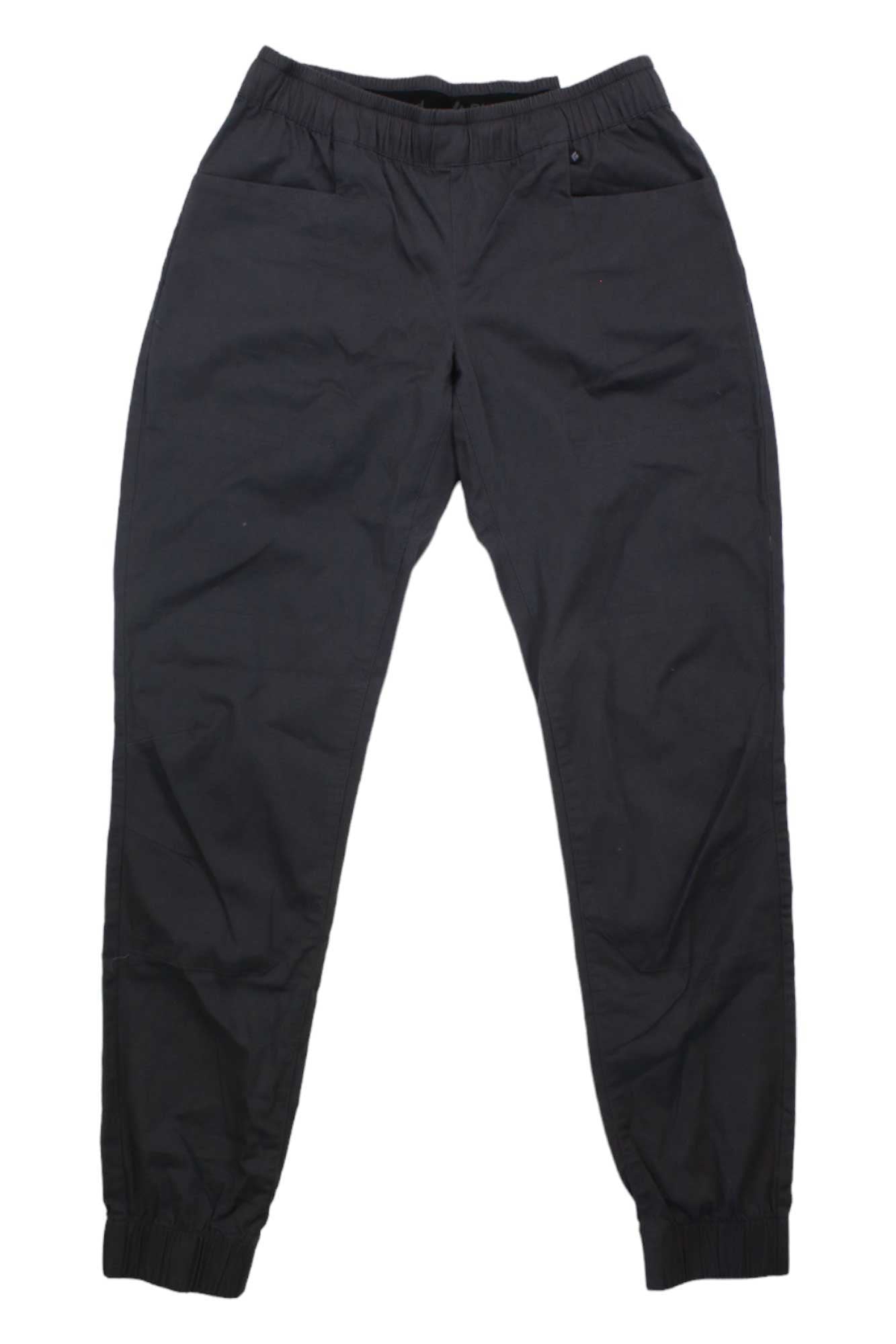 The Black Diamond Womens Notion SP Pant is a pair of black climbing pants with moisture-wicking fabric, an elastic waistband, side pockets, and elastic ankle cuffs, shown flat on a white background.