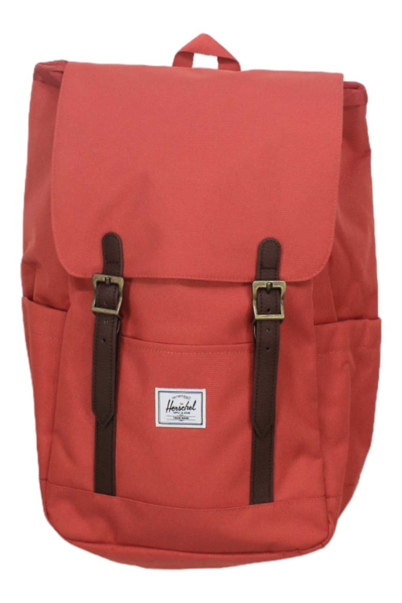 The Herschel Supply Company Retreat Small Backpack in red features brown buckle straps, flap closure, side pockets, a front pocket with a white logo patch, and is made from EcoSystem recycled fabric.