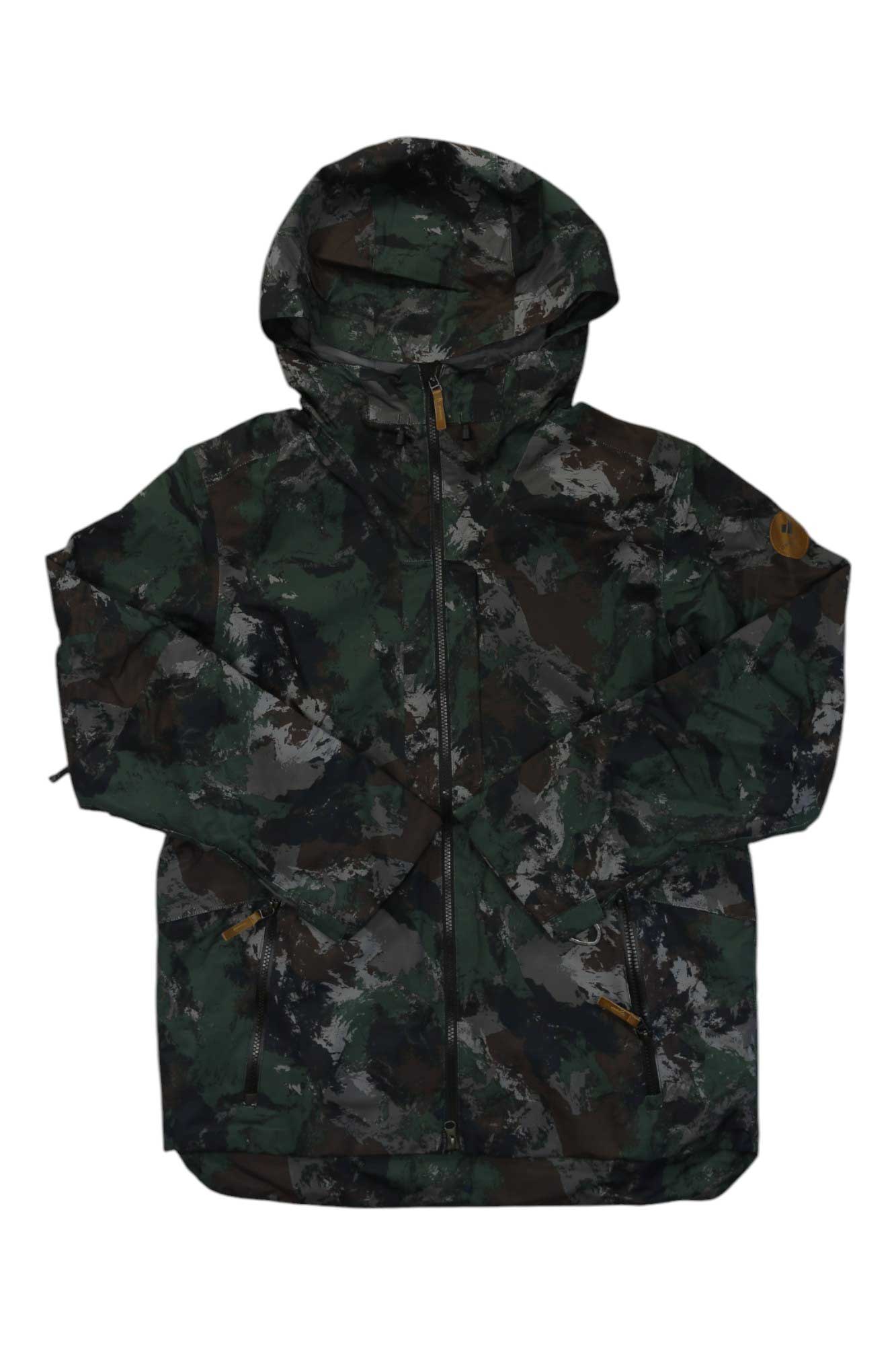 The Obermeyer Mens Chandler Shell Jacket is water-resistant with a green, black, and gray camo pattern, front zipper, two zippered pockets, and a small round tan patch on the sleeve—ideal outerwear for the mountains.