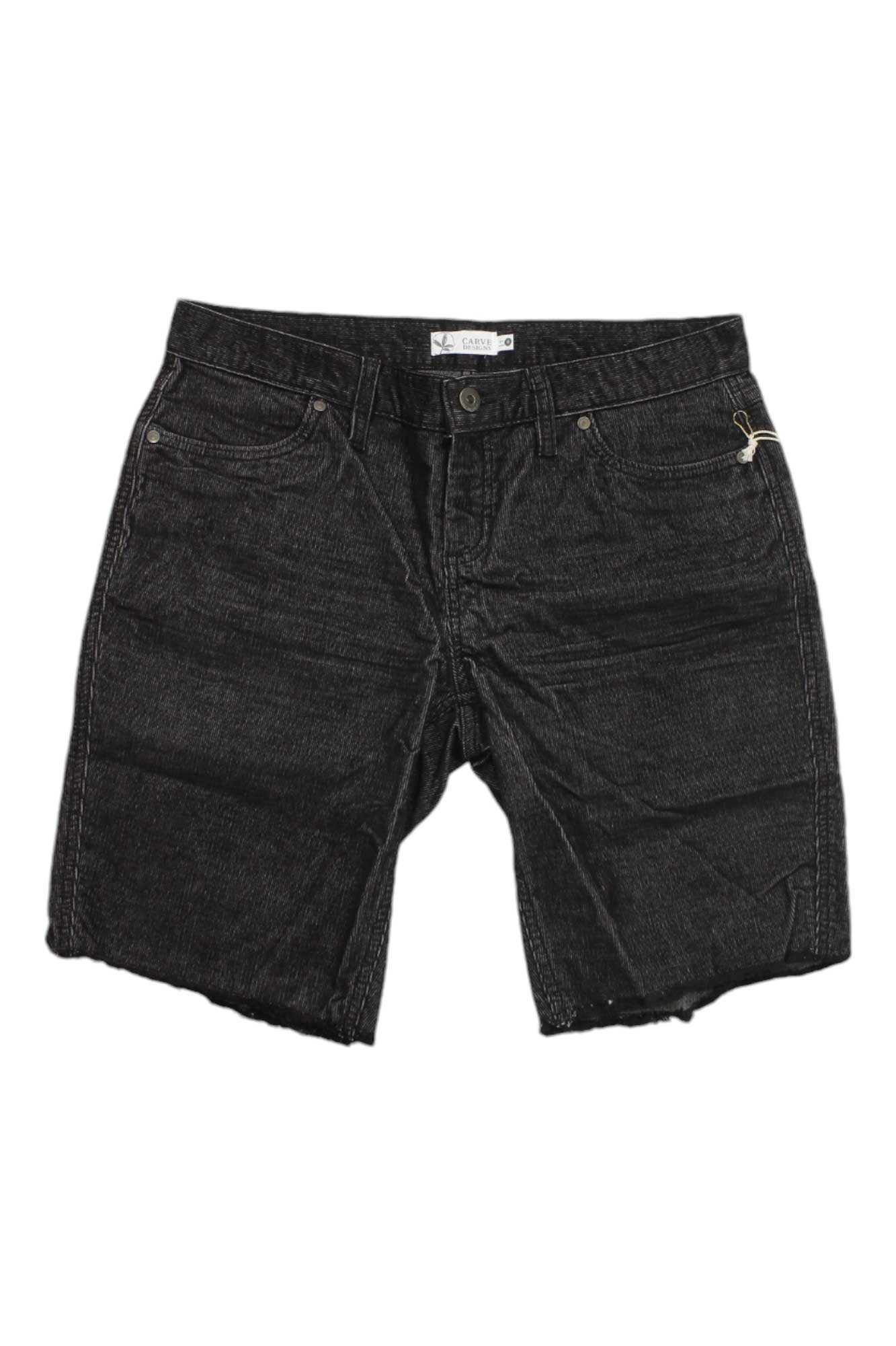 The Carve Designs Womens Oahu 10 Inch Short—black organic cotton denim shorts with frayed hems, front and back pockets, button and zipper closure—shown flat on a white background.