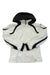 The Womens Spyder Ski Jacket is a white insulated ski jacket featuring black accents on the hood, shoulders, and sleeves, shown laid flat with arms crossed at the front.
