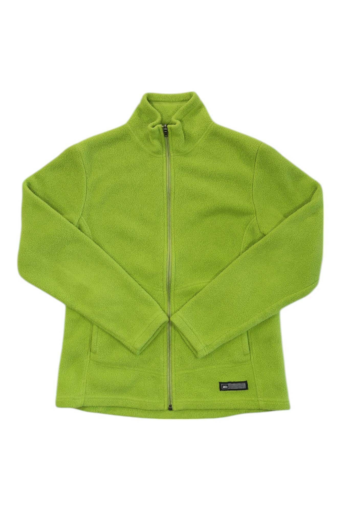 Women's REI full-zip fleece jacket, bright green with stand collar and front zipper