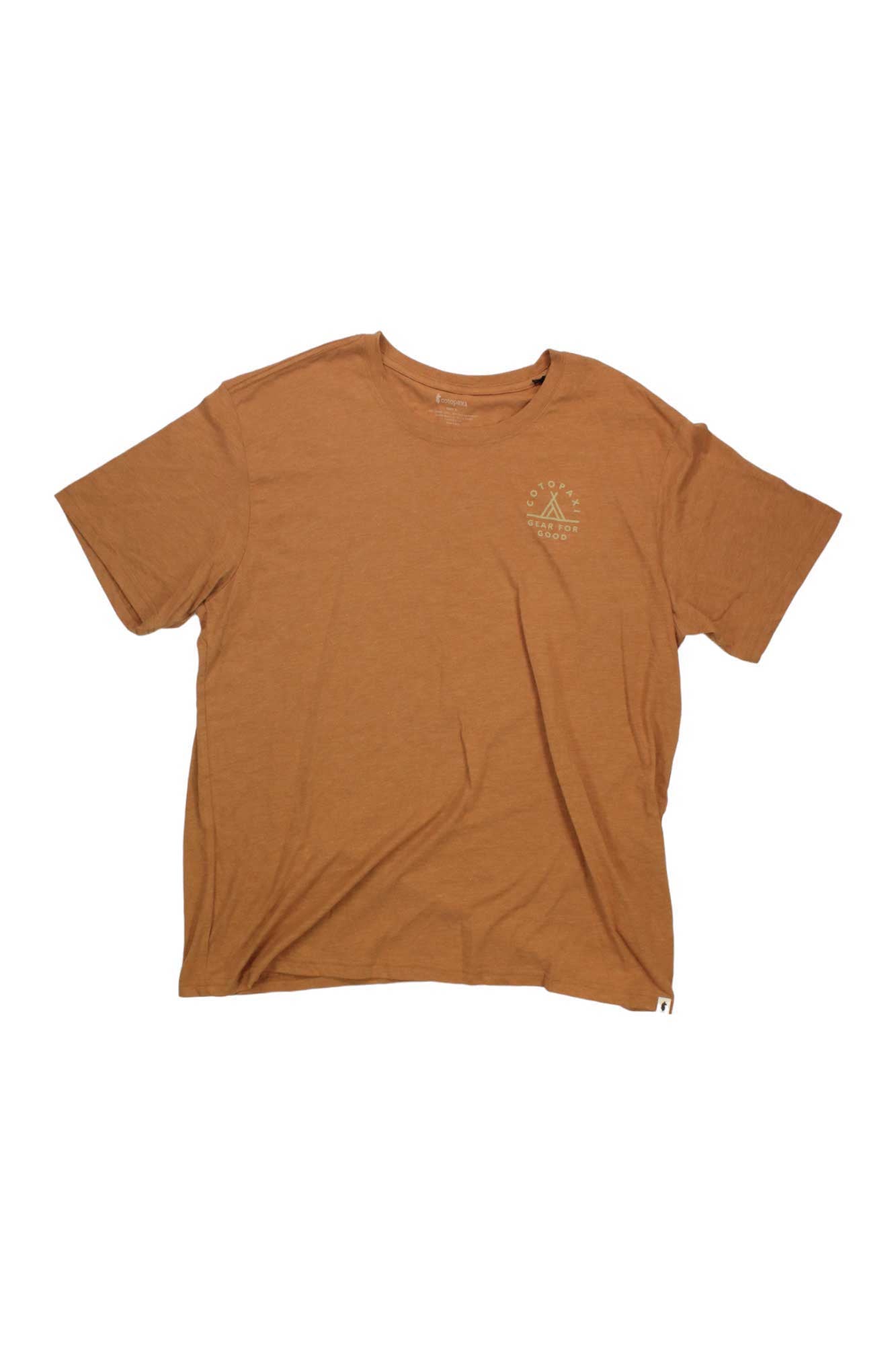 The Cotopaxi Mens Llama Map Organic T-Shirt is a brown short-sleeve tee made from organic cotton, featuring a small white left-chest graphic with crossed paddles, text, and a circle design.