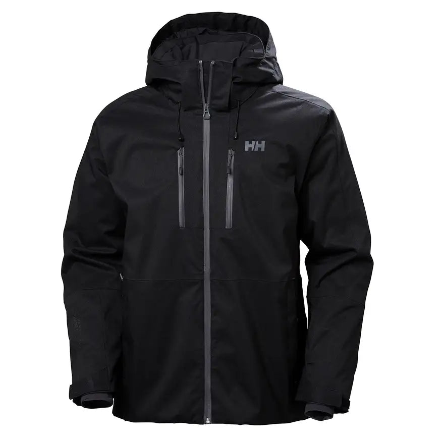 The Helly Hansen Mens Juniper 3.0 Jacket is a black, waterproof, breathable jacket with a hood, front zipper, two vertical chest pockets, adjustable cuffs, Primaloft insulation, and the HH logo on the left chest—perfect for cold or wet weather.