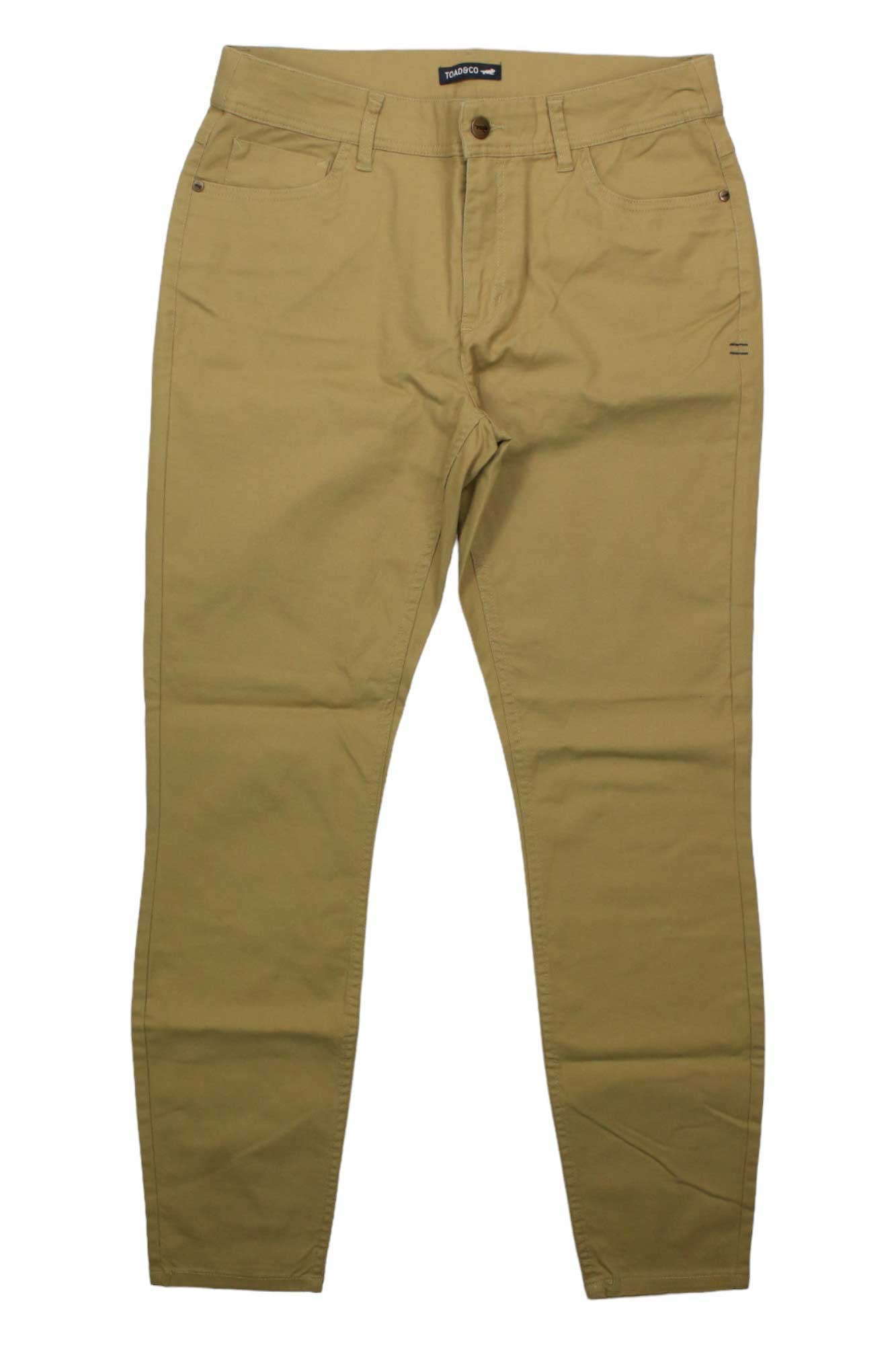 The Toad & Co Womens Earthworks 5 Pocket Skinny Pant in tan, made from organic cotton, features front and back pockets with button and zipper closure, shown flat on a white background.