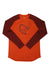 The Norrona Mens Pureull LS Top is an orange long-sleeve base layer with dark red raglan sleeves, featuring a stylized helmeted face graphic on the front and designed for moisture-wicking comfort.