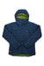 Men's blue hooded puffer jacket with green interior hood lining, full front zipper.